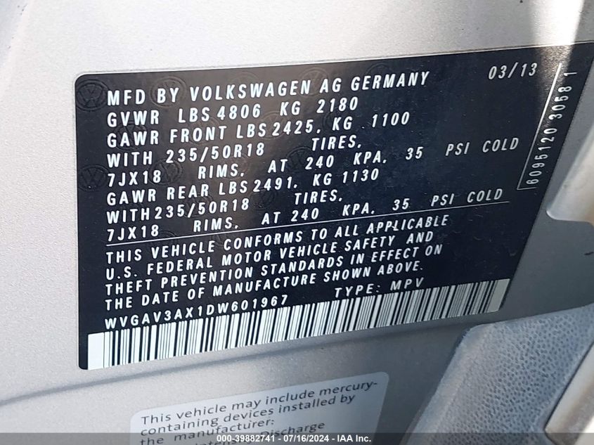 2013 Volkswagen Tiguan Se VIN: WVGAV3AX1DW601967 Lot: 39882741
