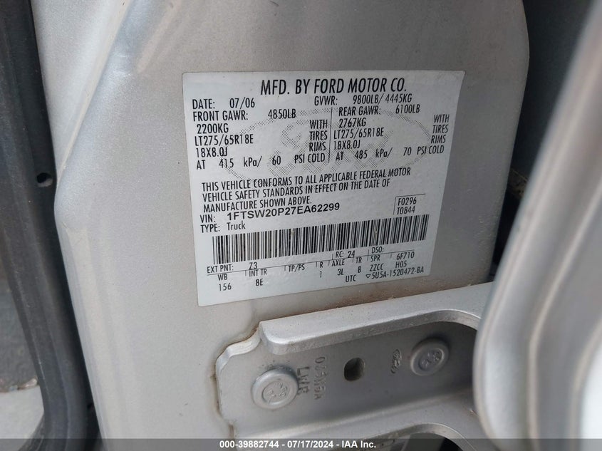 2007 Ford F-250 Lariat/Xl/Xlt VIN: 1FTSW20P27EA62299 Lot: 39882744