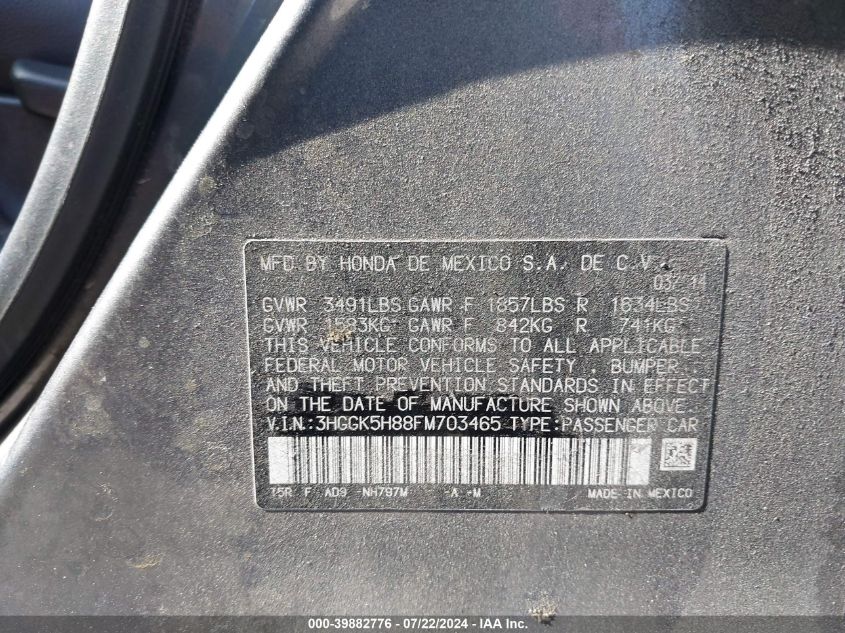 2015 Honda Fit Ex/Ex-L VIN: 3HGGK5H88FM703465 Lot: 39882776