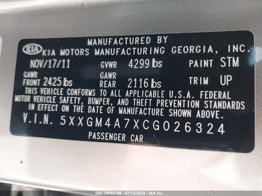 2012 Kia Optima Lx VIN: 5XXGM4A7XCG026324 Lot: 39882786