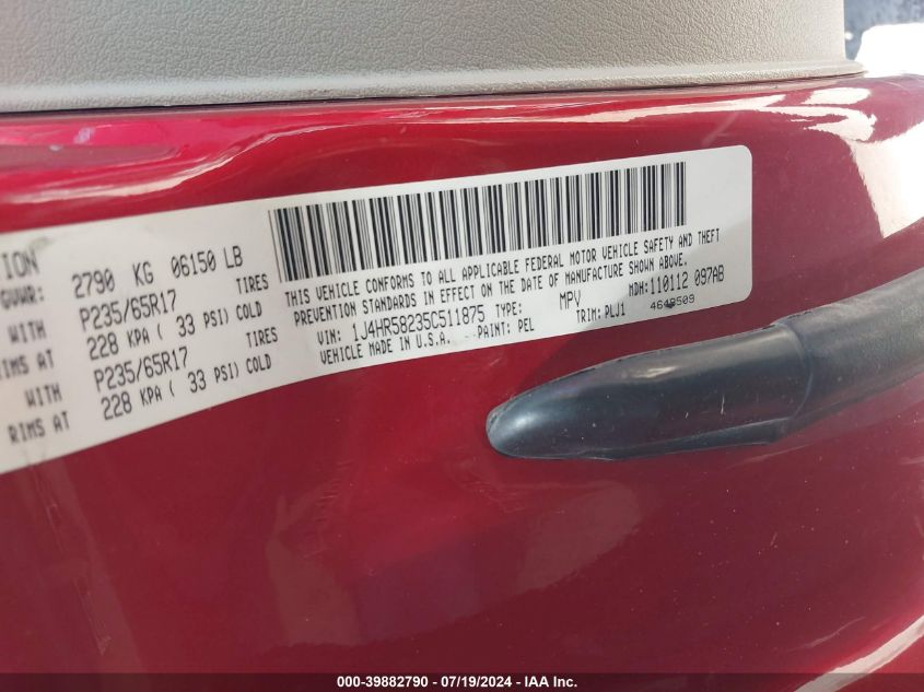 2005 Jeep Grand Cherokee Limited VIN: 1J4HR58235C511875 Lot: 39882790