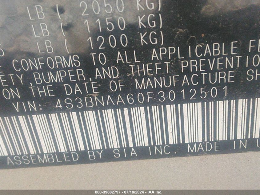 2015 Subaru Legacy 2.5I VIN: 4S3BNAA60F3012501 Lot: 39882797