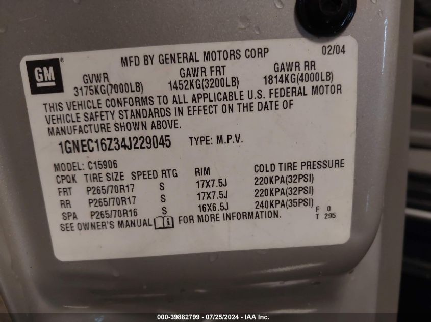 2004 Chevrolet Suburban 1500 Ls VIN: 1GNEC16Z34J229045 Lot: 39882799