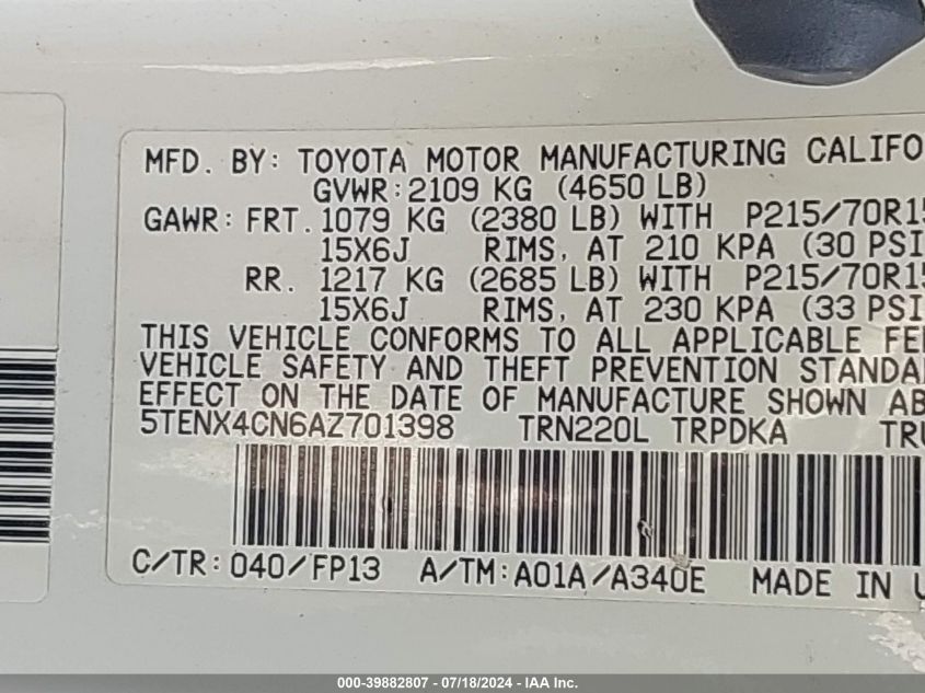 2010 Toyota Tacoma VIN: 5TENX4CN6AZ701398 Lot: 39882807