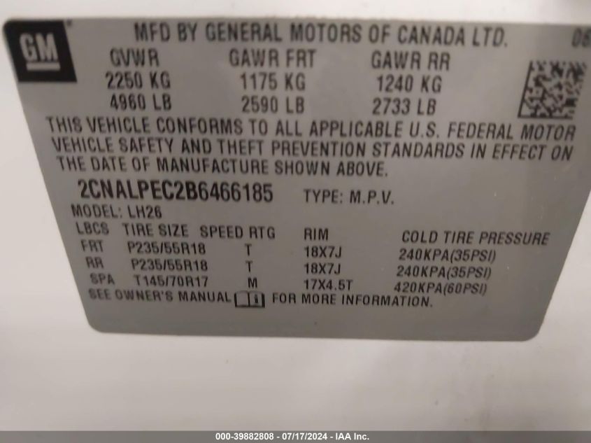 2011 Chevrolet Equinox Lt VIN: 2CNALPEC2B6466185 Lot: 39882808