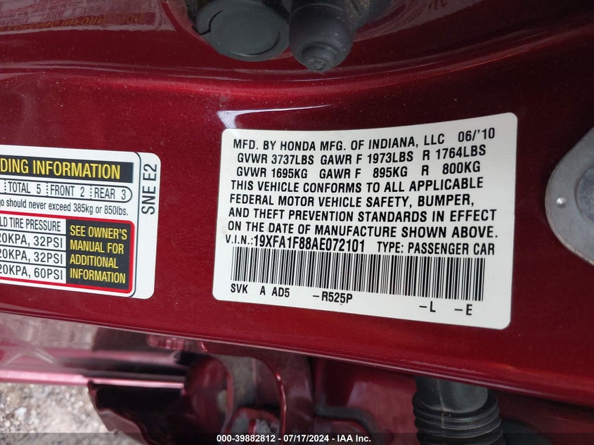 2010 Honda Civic Ex VIN: 19XFA1F88AE072101 Lot: 39882812