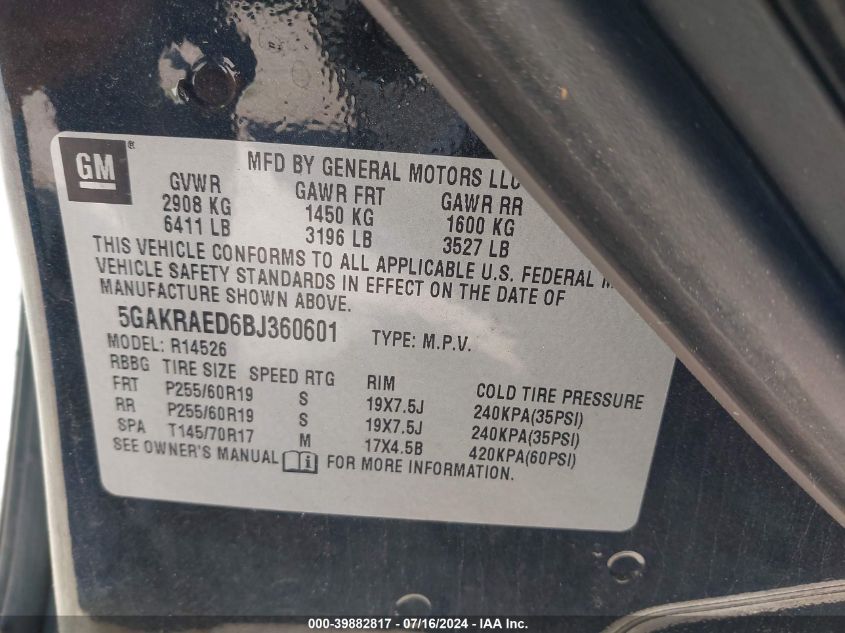 2011 Buick Enclave Cx VIN: 5GAKRAED6BJ360601 Lot: 39882817