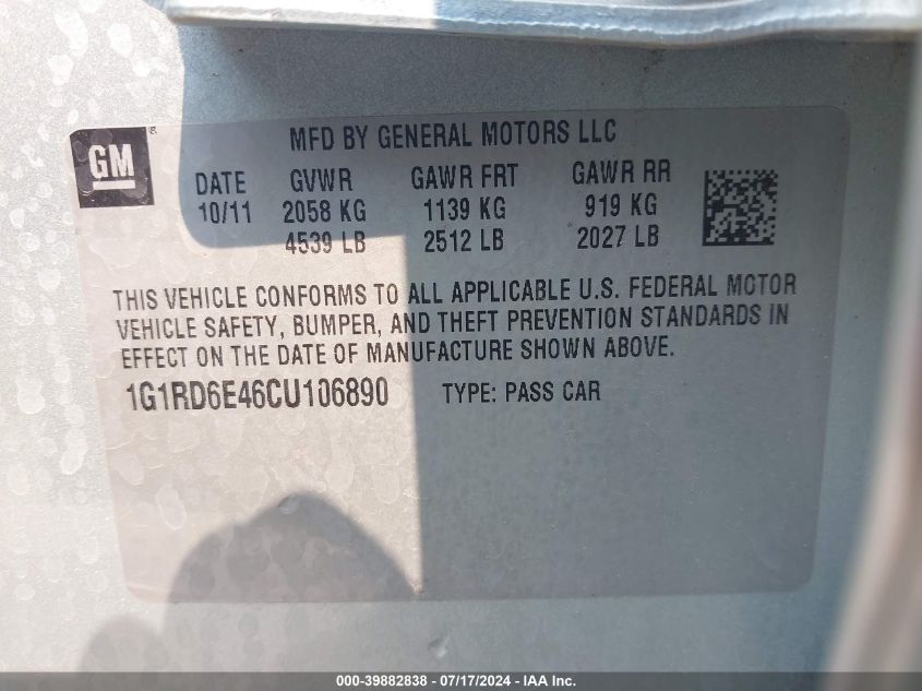 2012 Chevrolet Volt VIN: 1G1RD6E46CU106890 Lot: 39882838