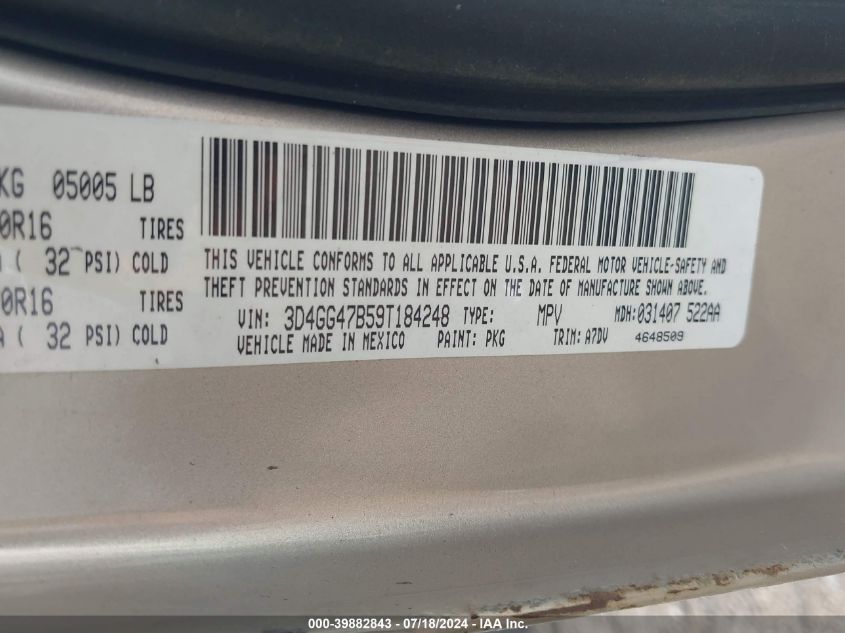 2009 Dodge Journey Se VIN: 3D4GG47B59T184248 Lot: 39882843