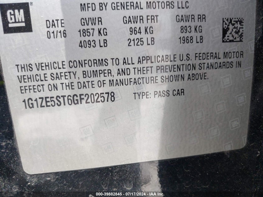 2016 Chevrolet Malibu 1Lt VIN: 1G1ZE5ST6GF202578 Lot: 39882845