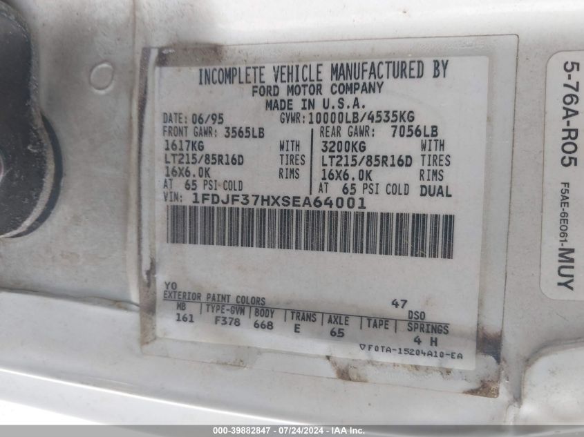 1995 Ford F350 VIN: 1FDJF37HXSEA64001 Lot: 39882847