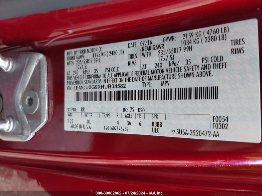 2017 Ford Escape Se VIN: 1FMCU0G9XHUB04582 Lot: 39882862