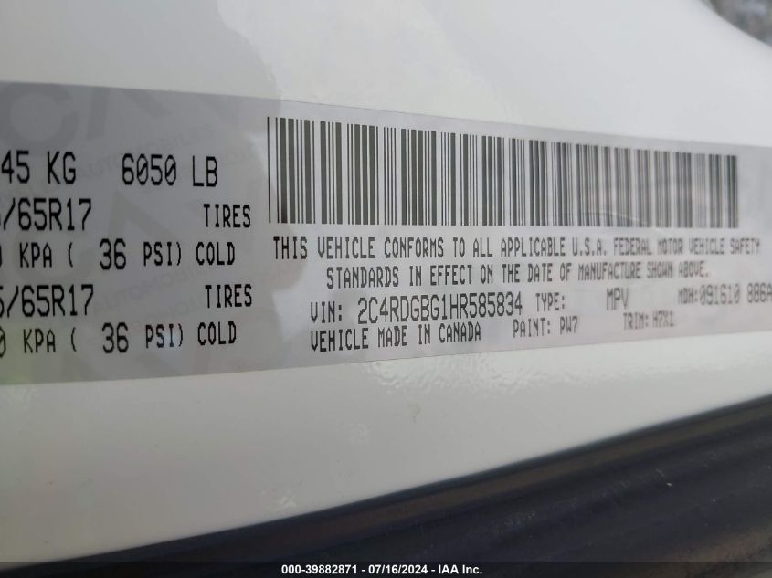 2017 Dodge Grand Caravan Se VIN: 2C4RDGBG1HR585834 Lot: 39882871