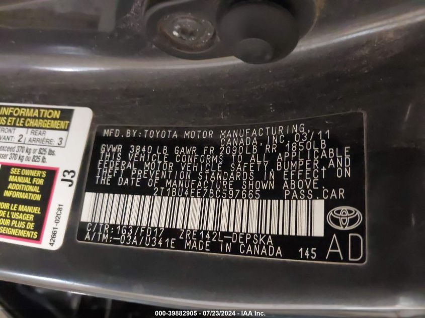 2011 Toyota Corolla S VIN: 2T1BU4EE7BC597665 Lot: 39882905