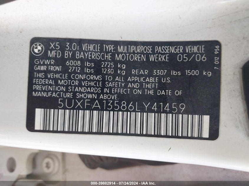 2006 BMW X5 3.0I VIN: 5UXFA13586LY41459 Lot: 39882914