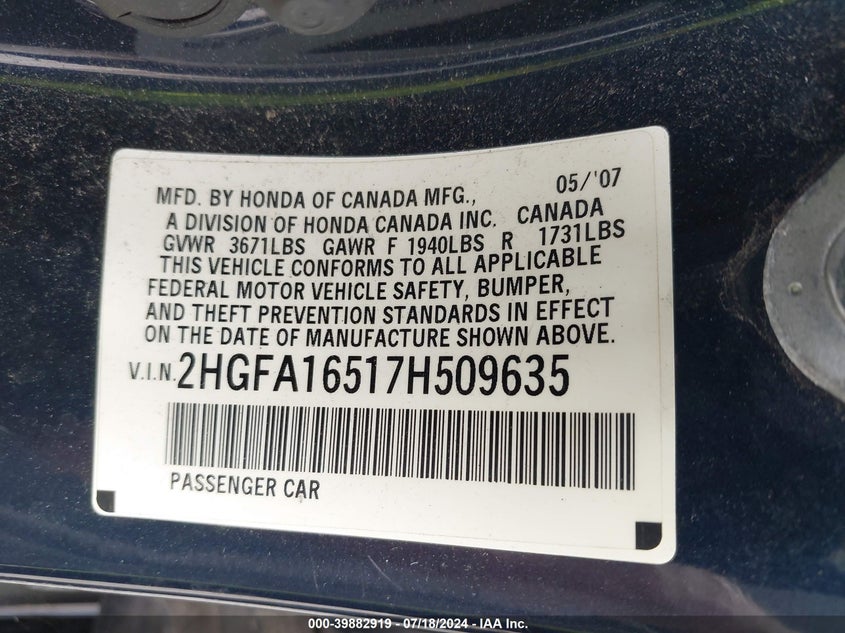 2007 Honda Civic Lx VIN: 2HGFA16517H509635 Lot: 39882919