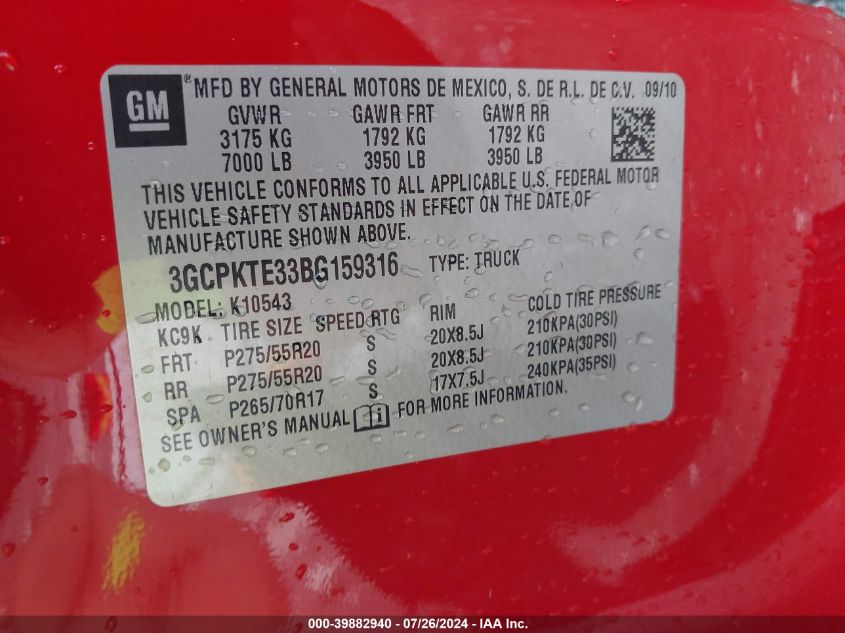 2011 Chevrolet Silverado 1500 Ltz VIN: 3GCPKTE33BG159316 Lot: 39882940