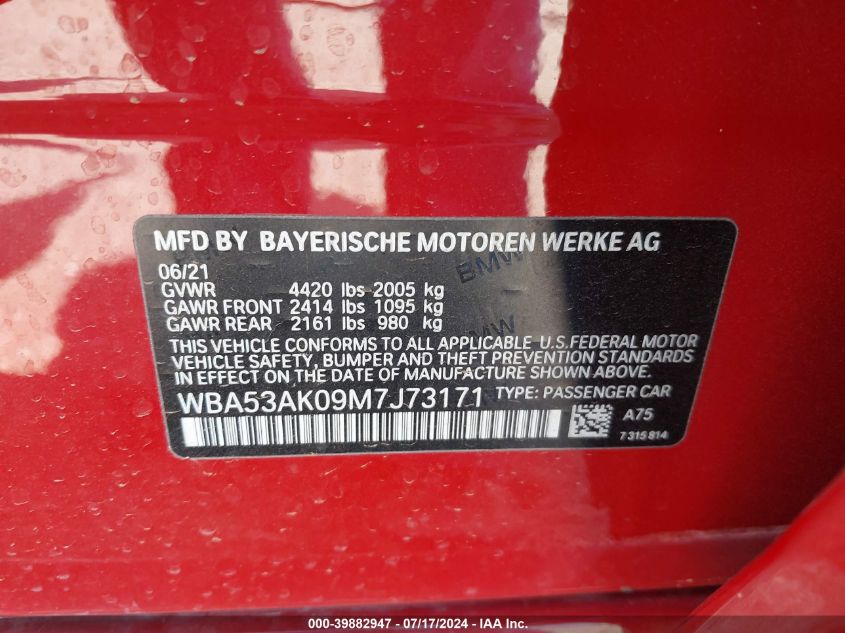 2021 BMW 228I Gran Coupe VIN: WBA53AK09M7J73171 Lot: 39882947