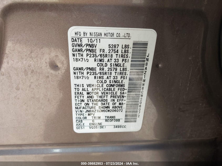 2012 Nissan Murano Sl VIN: JN8AZ1MW6CW206072 Lot: 39882953