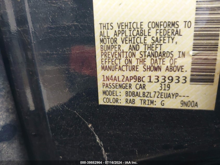 2011 Nissan Altima 2.5 S VIN: 1N4AL2AP9BC133933 Lot: 39882964