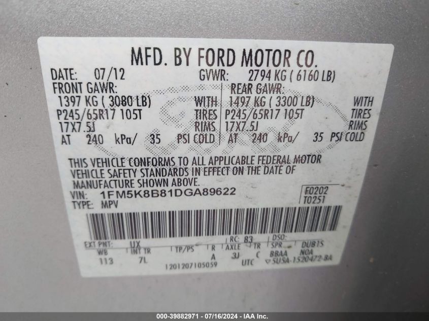 2013 Ford Explorer VIN: 1FM5K8B81DGA89622 Lot: 39882971