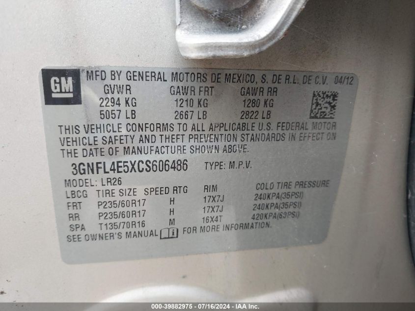 2012 Chevrolet Captiva Sport/Ltz VIN: 3GNFL4E5XCS606486 Lot: 39882975