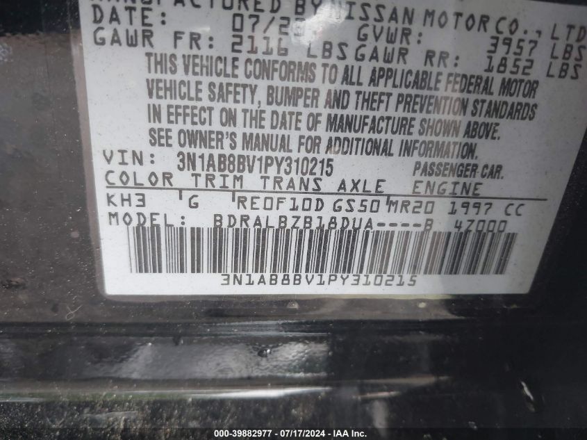 2023 Nissan Sentra S Xtronic Cvt VIN: 3N1AB8BV1PY310215 Lot: 39882977