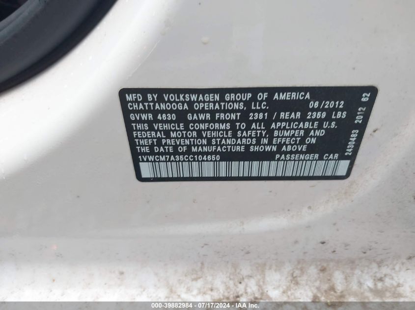 2012 Volkswagen Passat Sel VIN: 1VWCM7A35CC104650 Lot: 39882984