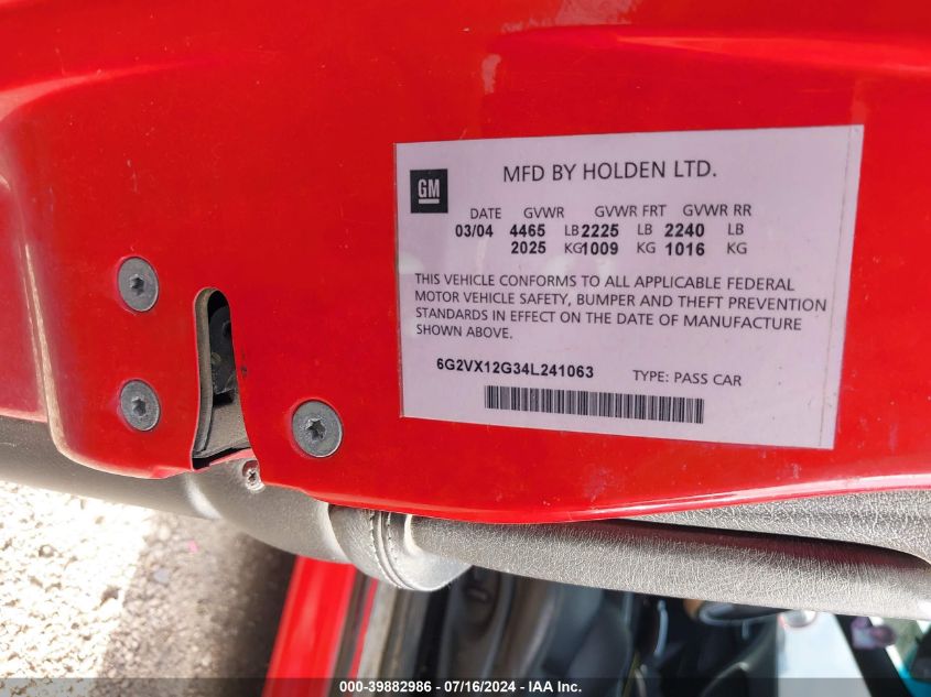 2004 Pontiac Gto VIN: 6G2VX12G34L241063 Lot: 39882986