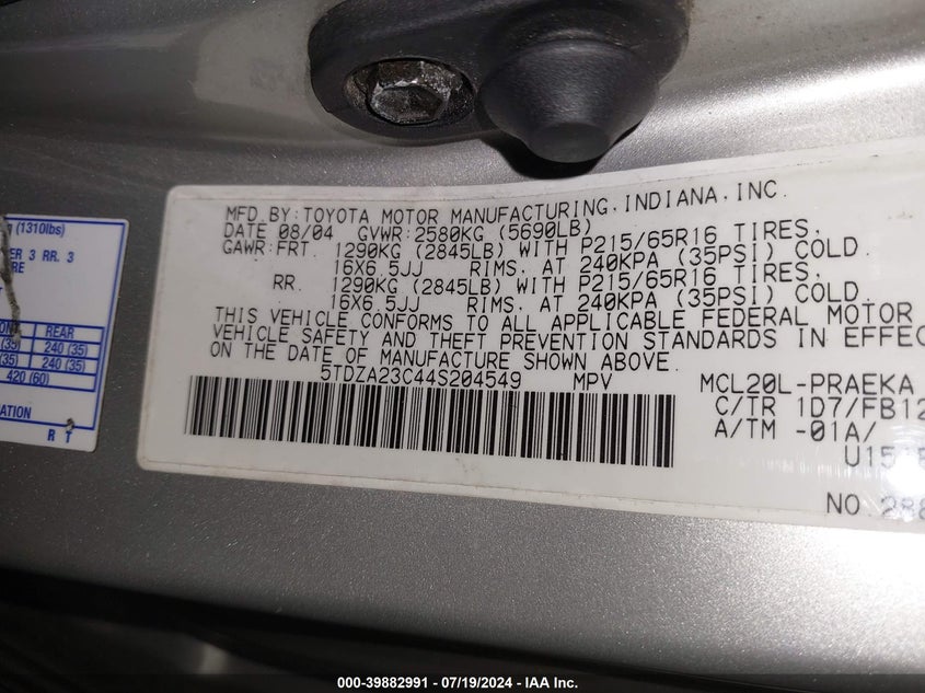 2004 Toyota Sienna Le VIN: 5TDZA23C44S204549 Lot: 39882991