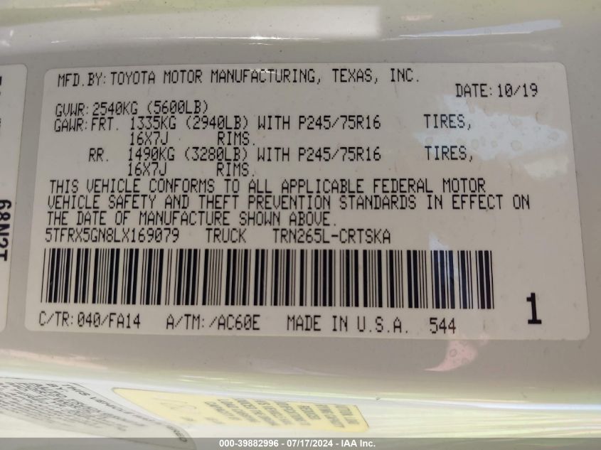 2020 Toyota Tacoma Access Cab/Sr/Sr5 VIN: 5TFRX5GN8LX169079 Lot: 39882996