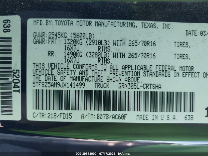 2018 Toyota Tacoma Access Cab/Sr5/Trd Spt/Or VIN: 5TFSZ5AN9JX141499 Lot: 39883000