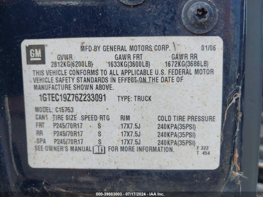 2006 GMC Sierra 1500 Sle1 VIN: 1GTEC19Z76Z233091 Lot: 39883003