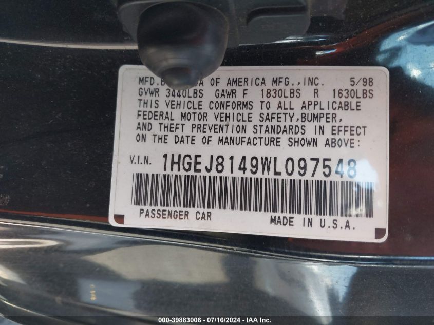 1998 Honda Civic Ex VIN: 1HGEJ8149WL097548 Lot: 39883006