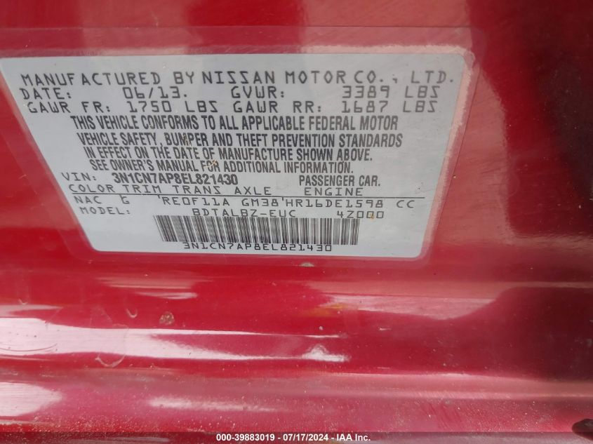 2014 Nissan Versa S/S Plus/Sv/Sl VIN: 3N1CN7AP8EL821430 Lot: 39883019