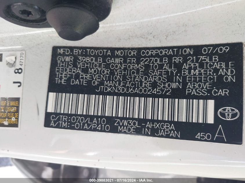 2010 Toyota Prius I/Ii/Iii/Iv/V VIN: JTDKN3DU6A0024572 Lot: 39883021