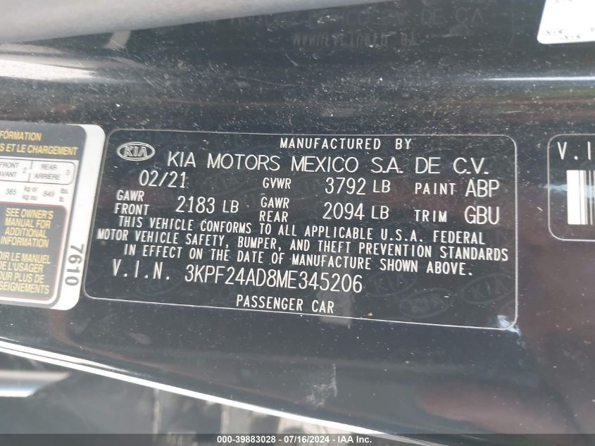 2021 Kia Forte Lxs VIN: 3KPF24AD8ME345206 Lot: 39883028