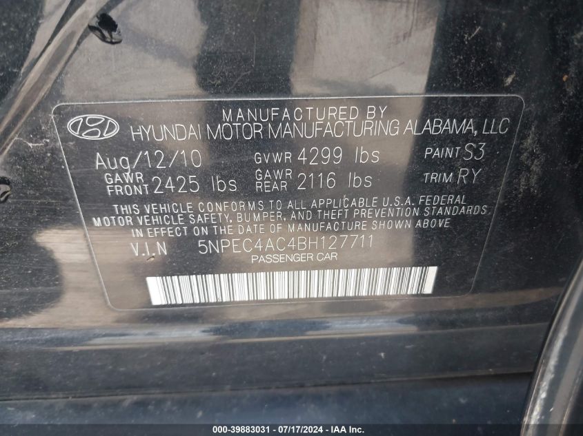 2011 Hyundai Sonata Se VIN: 5NPEC4AC4BH127711 Lot: 39883031