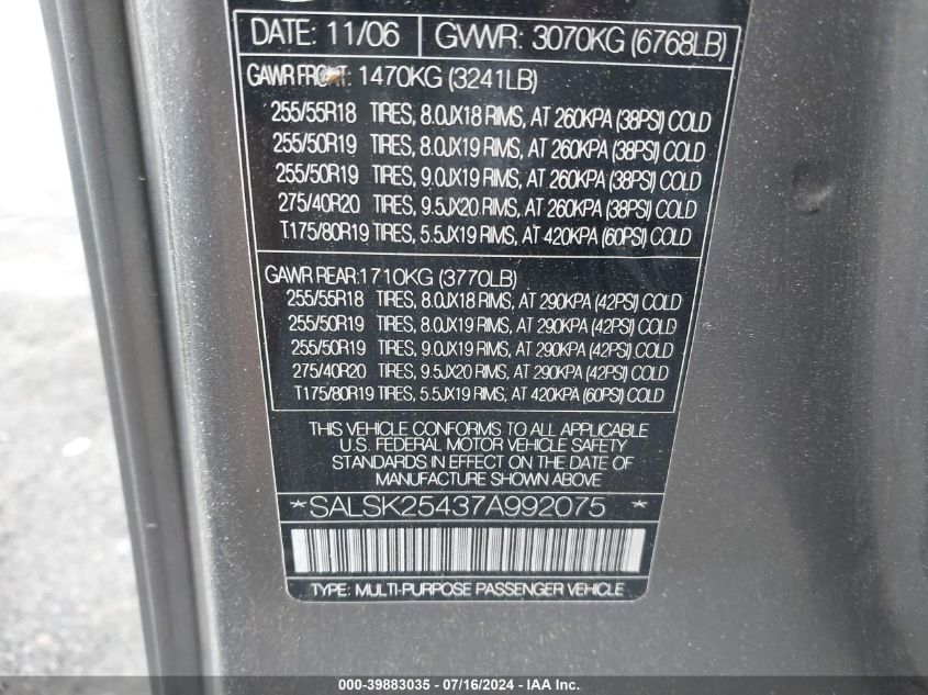 2007 Land Rover Range Rover Sport Hse VIN: SALSK25437A992075 Lot: 39883035