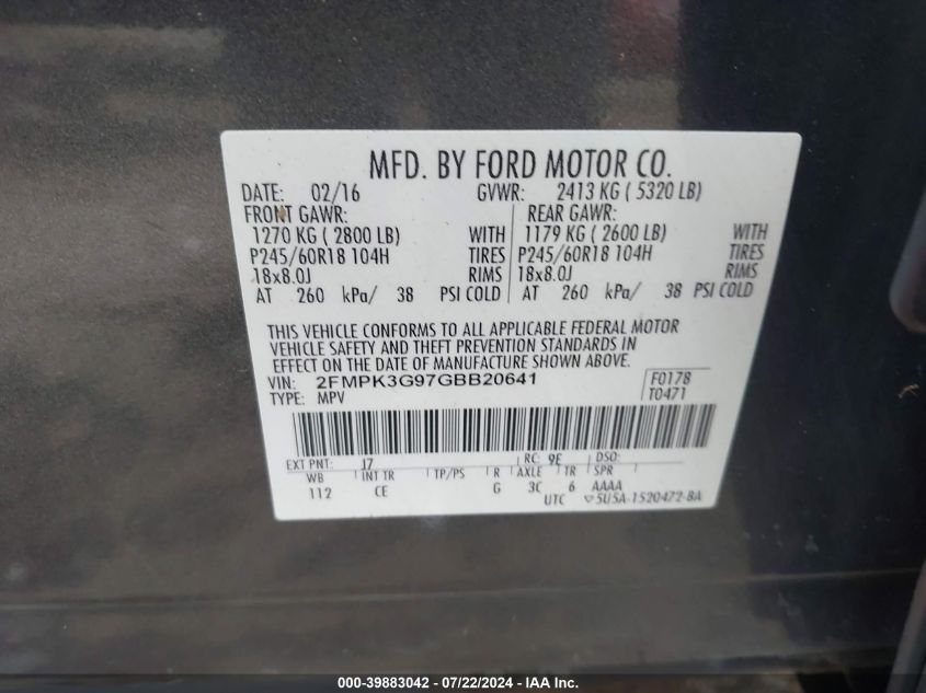 2016 Ford Edge Se VIN: 2FMPK3G97GBB20641 Lot: 39883042