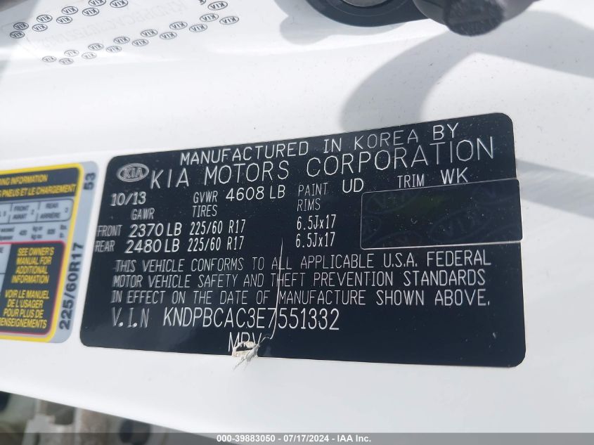 2014 Kia Sportage Lx VIN: KNDPBCAC3E7551332 Lot: 39883050