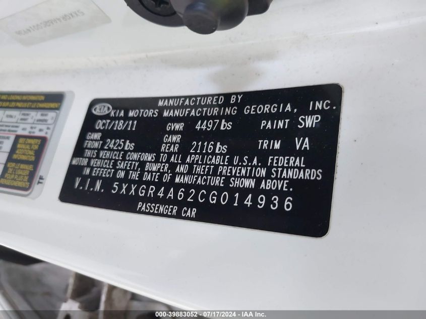 2012 Kia Optima Sx VIN: 5XXGR4A62CG014936 Lot: 39883052