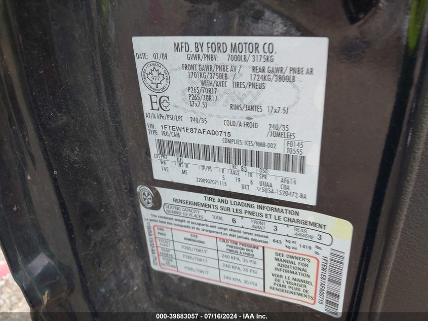 2010 Ford F-150 Xlt VIN: 1FTEW1E87AFA00715 Lot: 39883057