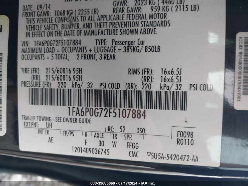 2015 Ford Fusion S VIN: 1FA6P0G72F5107884 Lot: 39883060