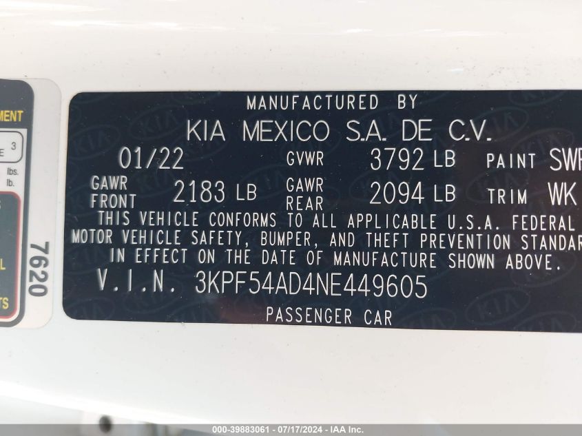 2022 Kia Forte Gt-Line VIN: 3KPF54AD4NE449605 Lot: 39883061