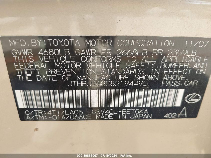 2008 Lexus Es 350 VIN: JTHBJ46G082194495 Lot: 39883067