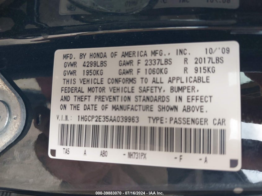 2010 Honda Accord 2.4 Lx VIN: 1HGCP2E35AA039963 Lot: 39883070