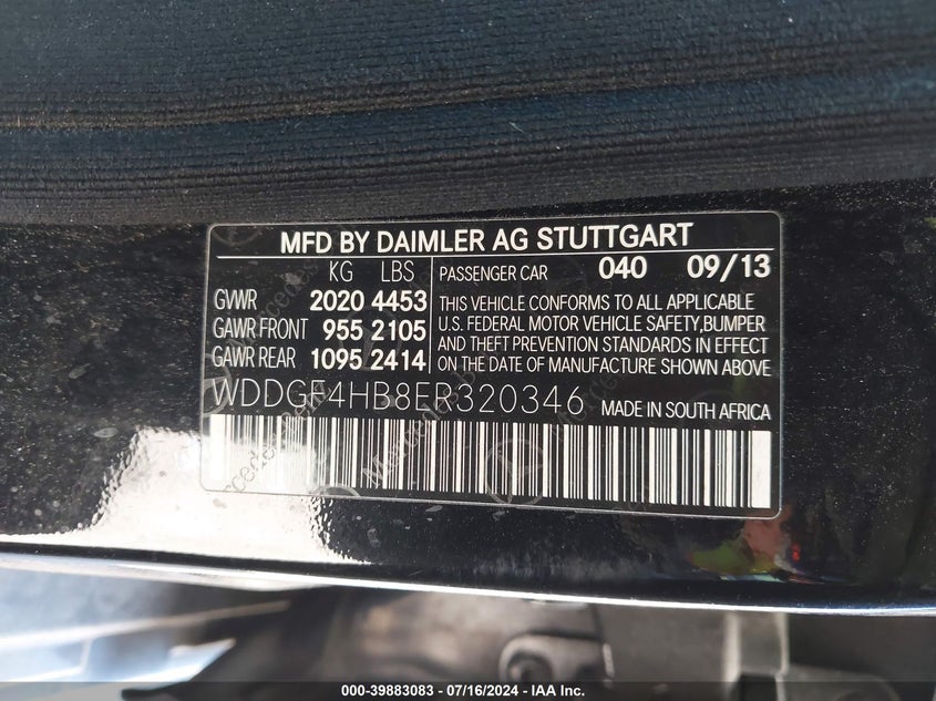 2014 Mercedes-Benz C 250 Luxury/Sport VIN: WDDGF4HB8ER320346 Lot: 39883083