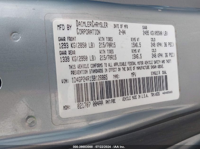 2005 Dodge Grand Caravan Se VIN: 1D4GP24R15B126865 Lot: 39883088