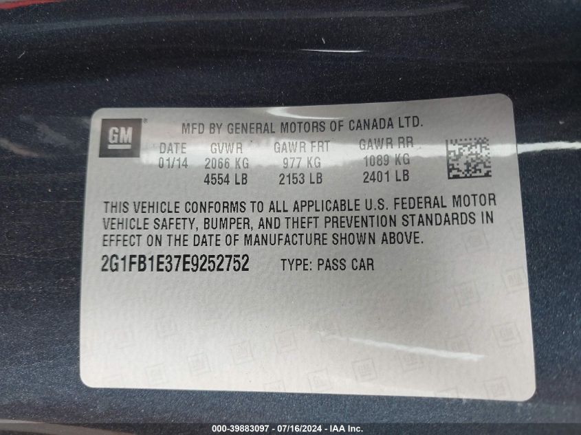 2014 Chevrolet Camaro 1Lt VIN: 2G1FB1E37E9252752 Lot: 39883097
